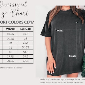 The image is an oversized size chart for a black t-shirt, showing the measurements for different sizes. The chart includes a table with the sizes and corresponding widths, and a diagram of a person wearing the t-shirt.