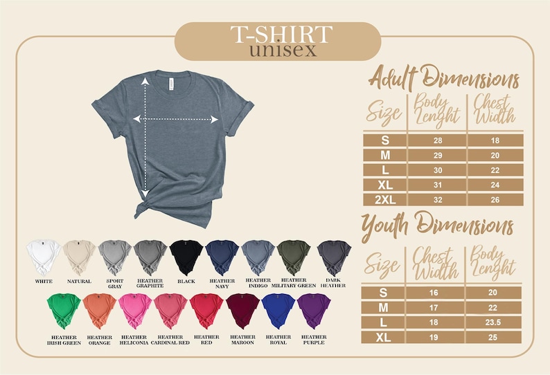 a women's tshirt with measurements and colors
