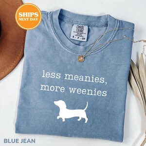 A blue t-shirt with the text "less meanies, more weenies" printed on it, along with a white silhouette of a dog. The t-shirt is displayed on a white surface, and there is a brown hat and some leaves in the background.