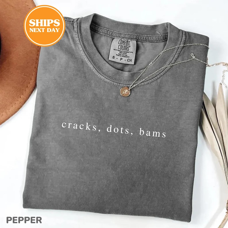 A gray t-shirt with the text "cracks, dots, bams" printed on it, along with a small pendant necklace. The t-shirt is placed on a white surface, and there is a brown hat and some leaves in the background.