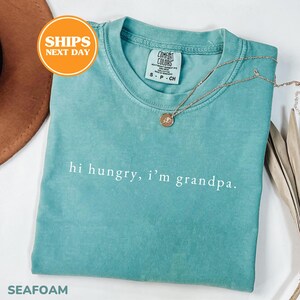 May include: A seafoam green short-sleeve t-shirt with a crew neckline. The shirt features the white text "hi hungry, i'm grandpa." printed across the chest. A small gold-toned necklace with a circular pendant rests on the collar area.