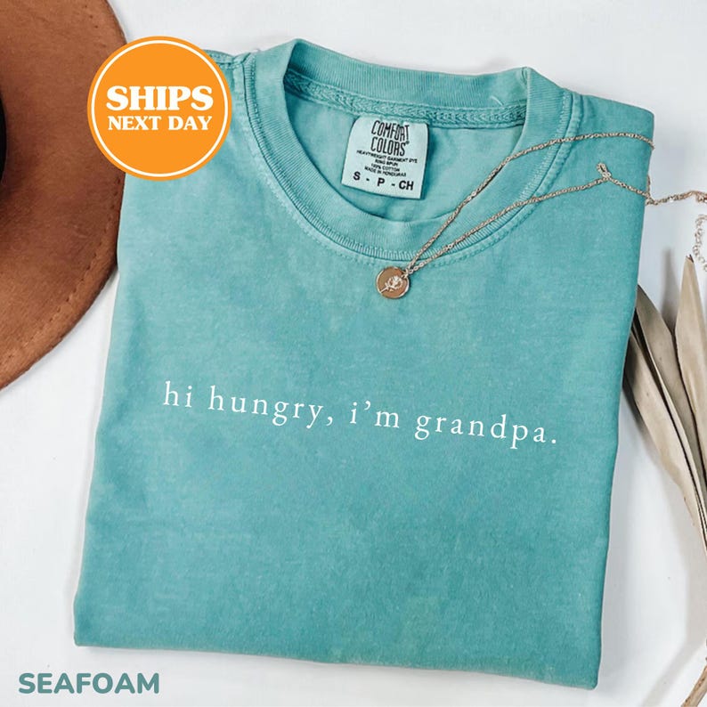 May include: A seafoam green short-sleeve t-shirt with a crew neckline. The shirt features the white text "hi hungry, i'm grandpa." printed across the chest. A small gold-toned necklace with a circular pendant rests on the collar area.