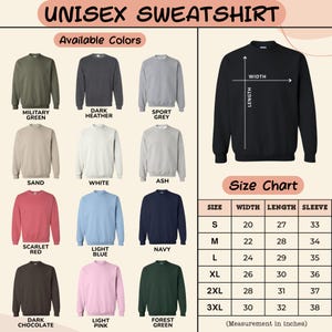The image is a size chart for a unisex sweatshirt, displaying various color options and corresponding measurements for different sizes.