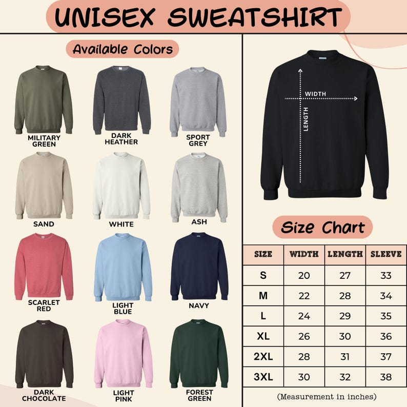 The image is a size chart for a unisex sweatshirt, displaying various color options and corresponding measurements for different sizes.