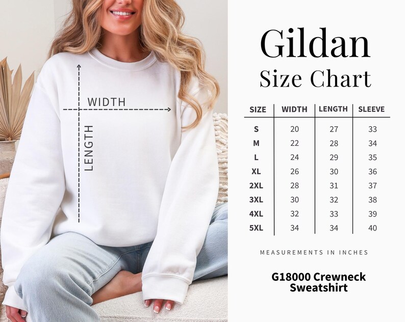 The image is a size chart for a crew neck sweatshirt, showing measurements in inches for different sizes.
