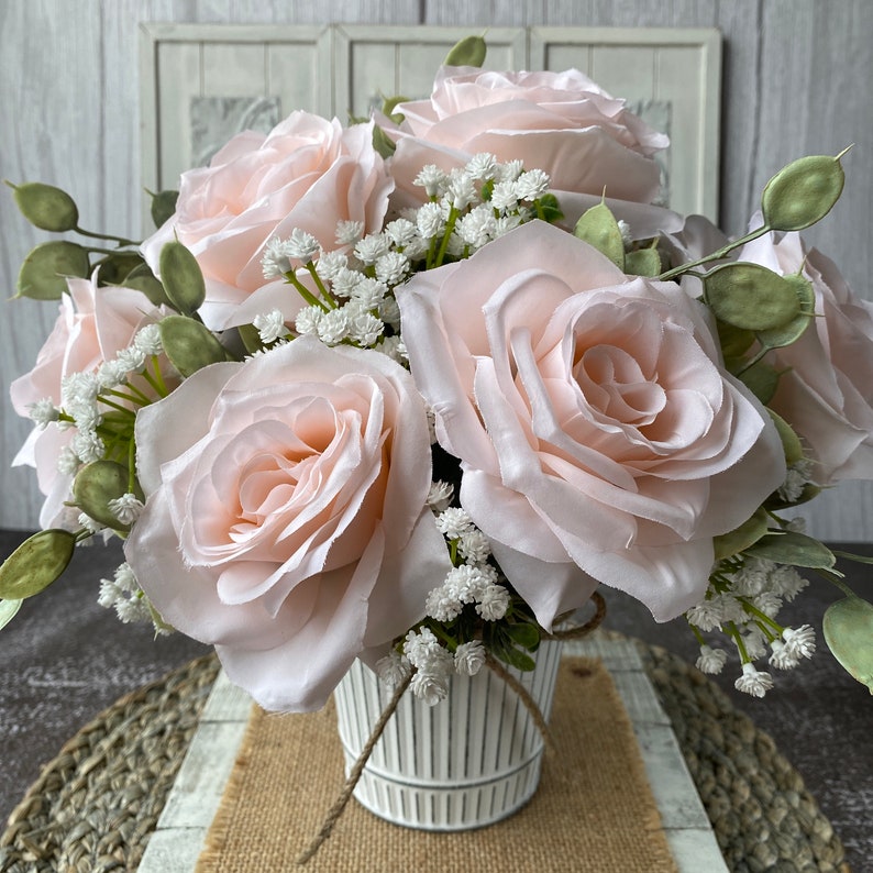 Pink Rose Faux Flower Arrangement Valentines Day Anniversary Birthday Gift Artificial Flower