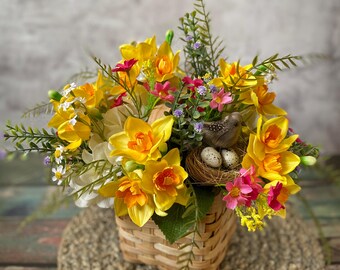 Spring Floral Arrangement: Daffodils, Bird Nest, Farmhouse Centerpiece