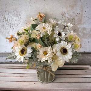 Neutral Farmhouse Spring Summer  Faux Floral Arrangement | Small Artificial Wildflower Arrangement for Table Centerpiece