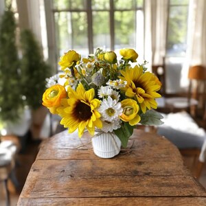 Sunflower, Zinnia, and Ranunculus Floral Arrangement: Yellow, White, and Lavender Centerpiece