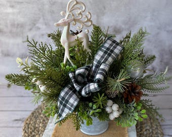 Rustic Winter Table Centerpiece: Faux Evergreen, Deer, Plaid Ribbon
