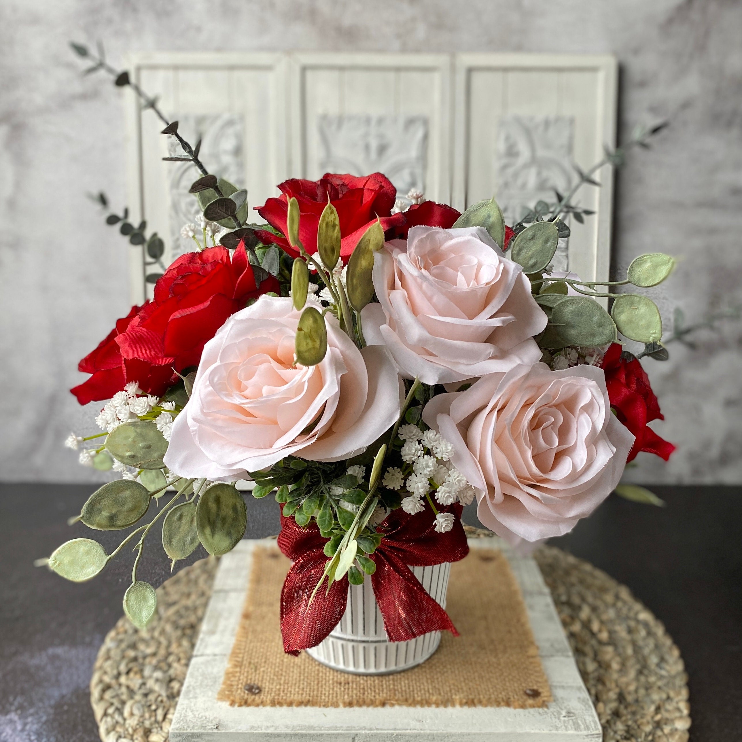 Red and Pink Rose Faux Flower Arrangement Valentines Day Anniversary ...