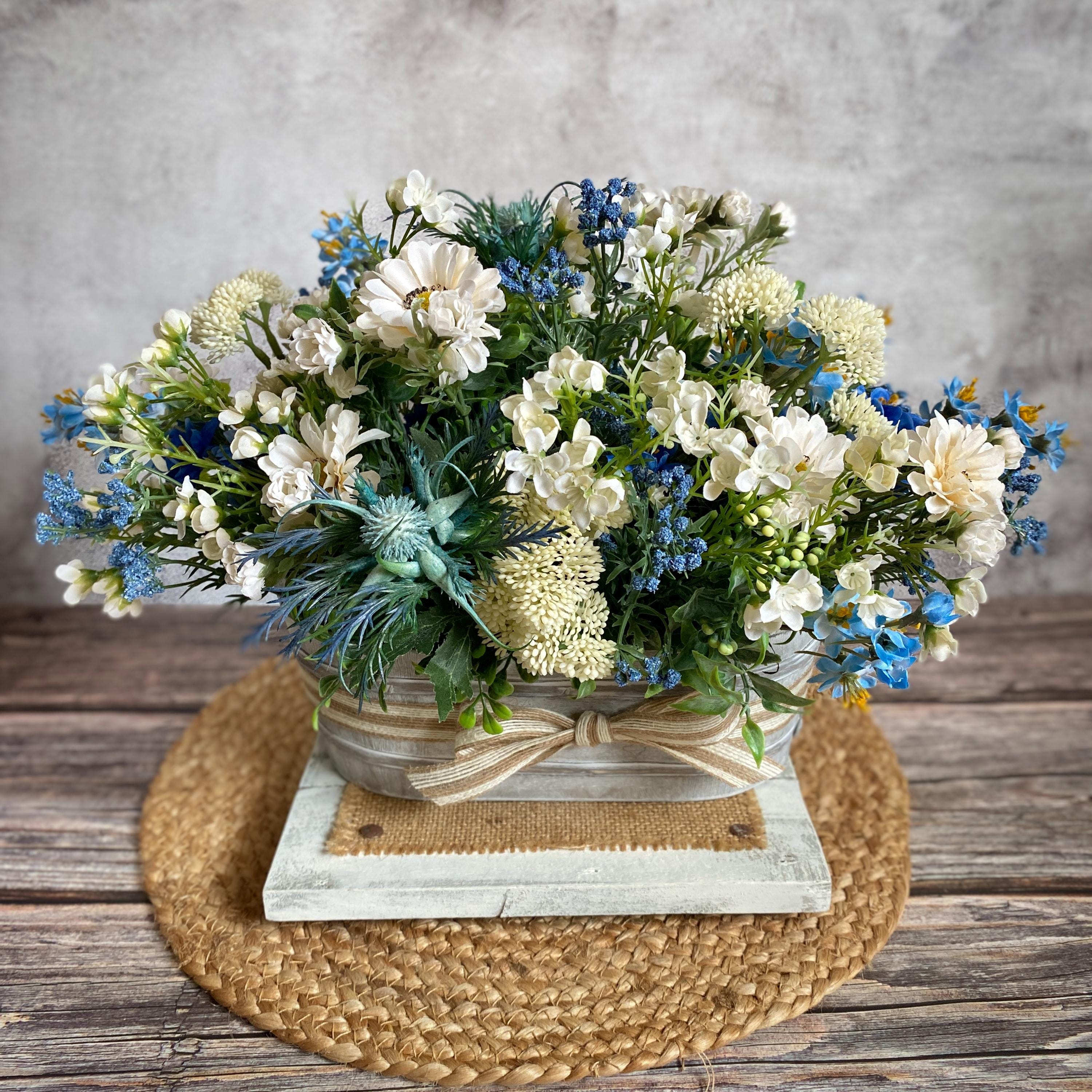 Farmhouse Floral Centerpiece: Blue Thistle in Wooden Planter