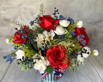 Patriotic Faux Floral Arrangement: Red, White, and Blue Summer Decor