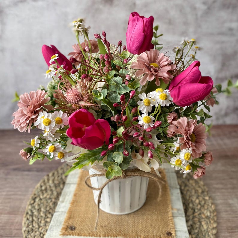Spring Tulips Farmhouse Garden Artificial Floral Arrangement | Table Centerpiece for Spring Easter Gift