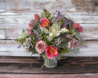 Farmhouse Floral Arrangement: Pink, Lavender, and White Faux Flowers