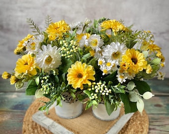 Wildflower Garden Faux Floral Arrangement: Rustic Double Pot Centerpiece