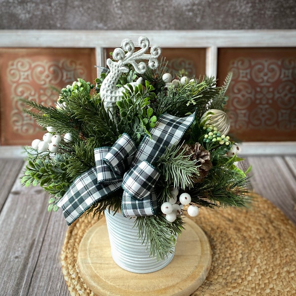 Neutral Winter Holiday Woodsy Centerpiece | Rustic Artificial Evergreen Table Arrangement