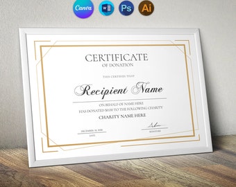 May include: A white certificate of donation with a gold border. The text reads "Certificate of Donation" and "This certifies that Recipient Name on behalf of Name Here has donated $0.00 to the following charity Charity Name Here." The date is December 18, 2010.