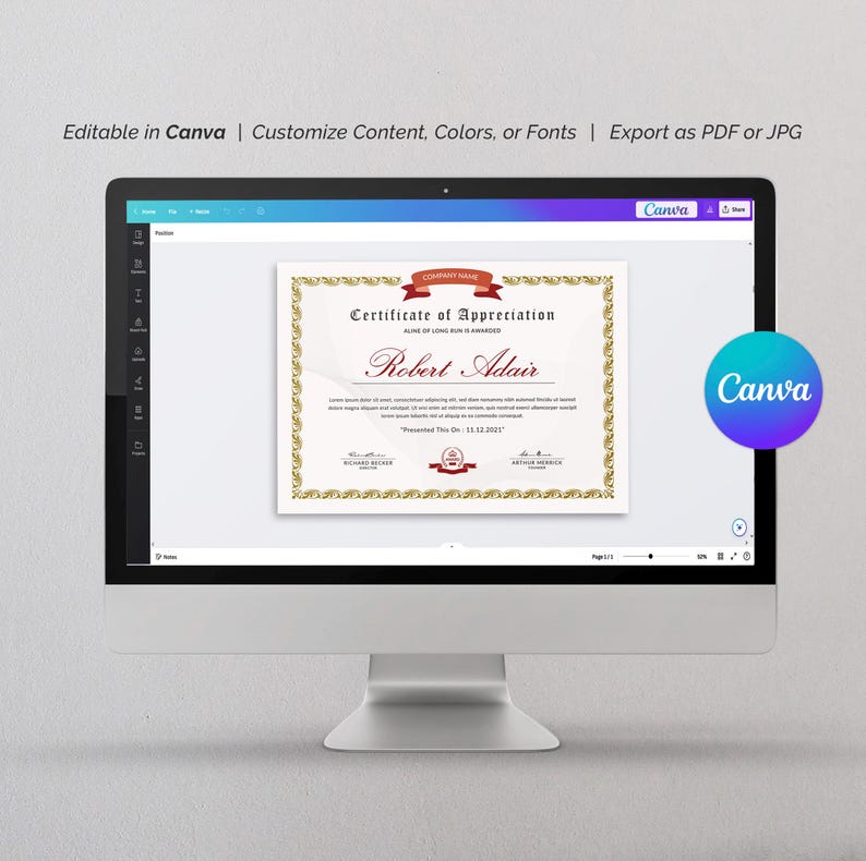Certificate of Appreciation Template Editable Award Certificate Canva ...