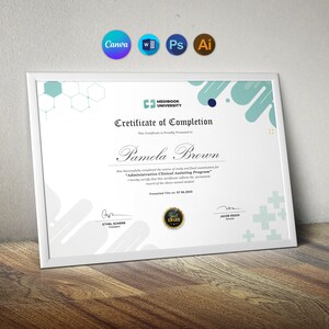 May include: A white certificate of completion with a blue and green abstract design. The certificate is for "Administrative Clinical Assisting Program" and is presented to Pamela Brown. The certificate is dated 07.06.2033.