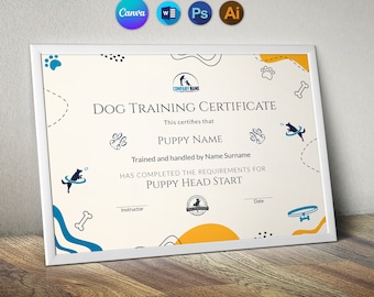 Canva Dog Training Certificate Template, Puppy Training Certificate, Editable Puppy Graduation Certificate  in MS Word, Instant Download