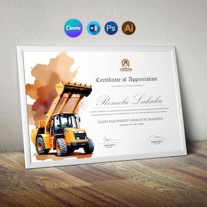 Puede incluir: Un certificado de apreciación para la formación de operador de equipo ligero, presentado a Romelu Lukaku. El certificado presenta un vehículo de construcción amarillo sobre un fondo de acuarela.