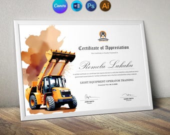 Certificate Template in Canva | Printable Construction Equipment Operator Training Certificate | Instant Download | Easily Edit With MS Word