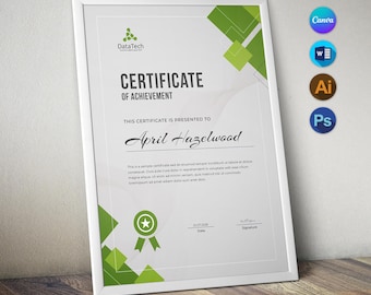 Plantilla de certificado de logro editable, moderna, imprimible, certificado de premio, certificado profesional, descarga instantánea, MS Word y Canva.
