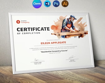 Certificate Template in Canva | Instant Download | Printable Carpenter Training Certificate | Easily Edit With MS Word, PSD and Illustrator