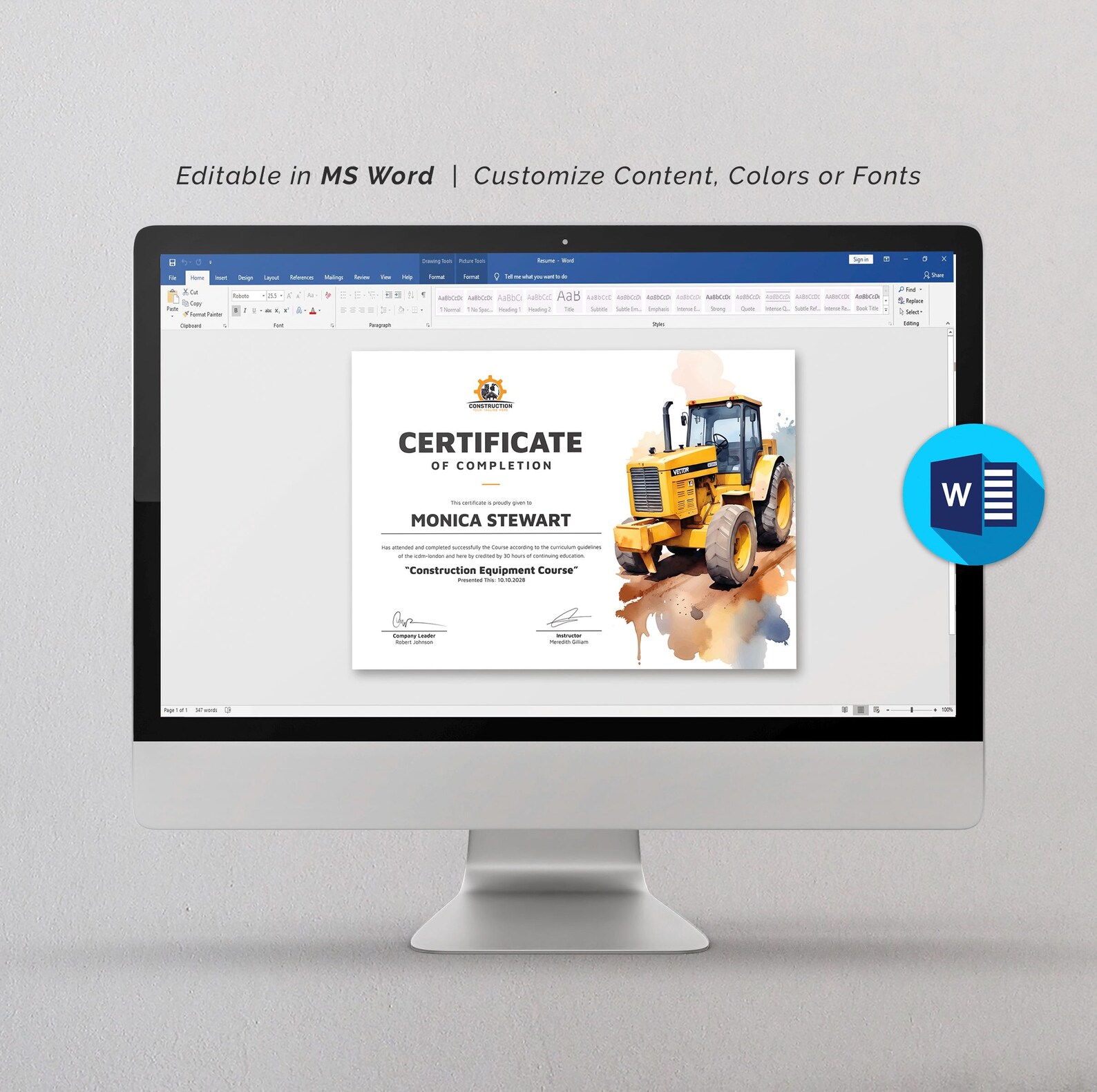 Certificate Template in Canva | Printable Construction Equipment ...