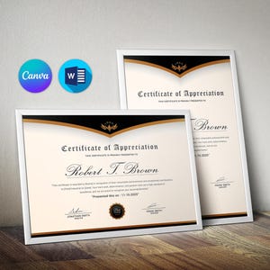 Pode incluir: Um certificado de apreciação emoldurado em branco com uma moldura preta e dourada. O certificado é apresentado a Robert T. Brown e diz "Apresentado neste dia: 11.10.2025".