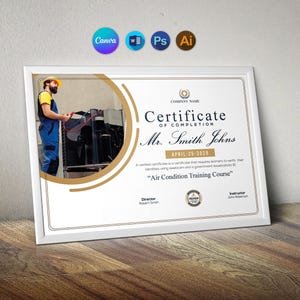 Certificate Template in Canva | Instant Download | Printable AC and Refrigeration Training Certificate | Easily Edit With MS Word