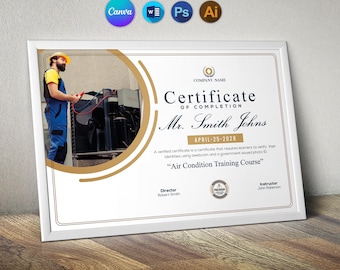 Certificate Template in Canva | Instant Download | Printable AC and Refrigeration Training Certificate | Easily Edit With MS Word