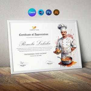 Puede incluir: Un certificado de agradecimiento enmarcado para un curso de chef de pastelería con una ilustración en acuarela de un chef con uniforme blanco sosteniendo un plato de comida junto a una olla. El documento incluye texto y dos líneas de firma.