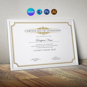 Canva Certificate Of Donation Template, Printable Charity Donation Certificate, Editable Church Donation Certificate, Instant Download