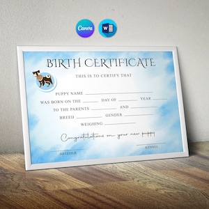 Puppy Birth Certificate Template Canva and MS Word, Dog Birth Certificate, Pet Birth Certificate, Certificate of Birth, Instant Download