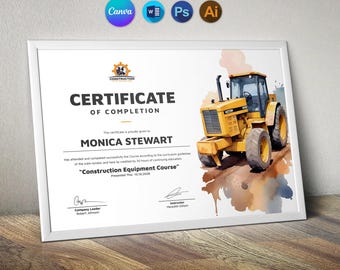 Certificate Template in Canva | Printable Construction Equipment Operator Training Certificate | Instant Download | Easily Edit With MS Word