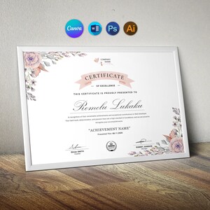 Floral Certificate of Excellence Template Canva, Certificate of Completion Editable, Certificate of Achievement, Award Certificate Template