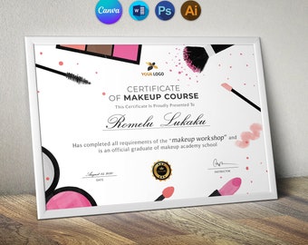 Certificate Template in Canva | Instant Download | Printable Makeup Course Certificate | Easily Edit With MS Word, Photoshop and Illustrator