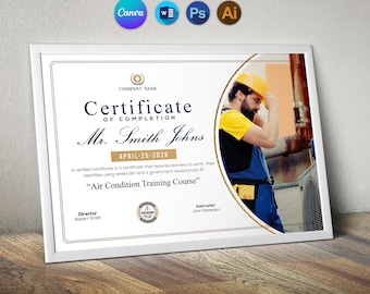 Certificate Template in Canva | Instant Download | Printable AC and Refrigeration Training Certificate | Easily Edit With MS Word