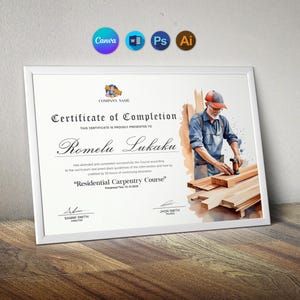 Certificate Template in Canva | Instant Download | Printable Carpenter Training Certificate | Easily Edit With MS Word, PSD and Illustrator