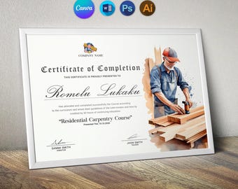 Certificate Template in Canva | Instant Download | Printable Carpenter Training Certificate | Easily Edit With MS Word, PSD and Illustrator