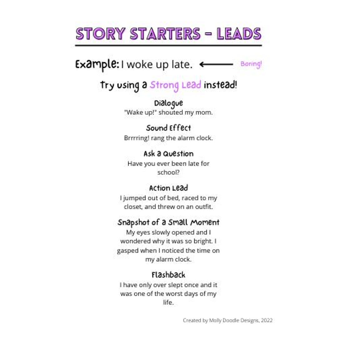 Story Starters - Leads Anchor Chart - Etsy