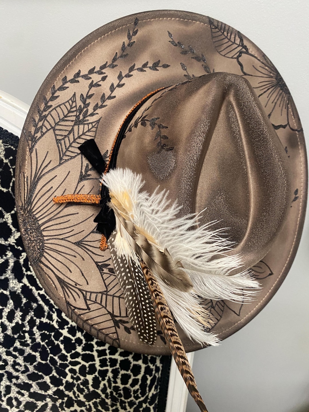 Torched Floral Fall Gray Burnt Hat - Etsy display picture 2