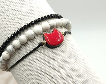 Minimalist Cat Bracelet Set, Friendship Pet Bracelets, Triple Onyx Gemstone Bracelets, Minimalist Cat Charm Wrist Jewelry, Gift for Cat Mom