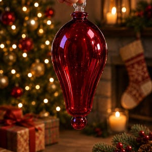 Puede incluir: Una mano sostiene un adorno navideño rojo brillante. La bola de cristal en forma de lágrima tiene estrías verticales y una base pequeña y redonda. El fondo incluye un árbol de Navidad, regalos y una chimenea.
