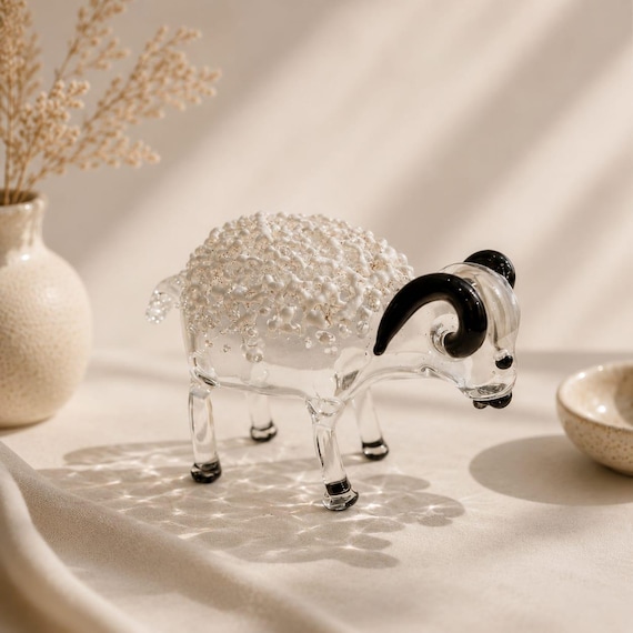 A hand-blown glass ram with real sculptural presence — the kind of shelf piece that stops people mid-conversation.