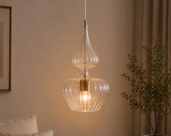 Hand Blown Ribbed Glass Pendant Light, Modern Scandinavian Hanging Lamp, Clear Glass Ceiling Light, Minimalist Kitchen Island Lighting