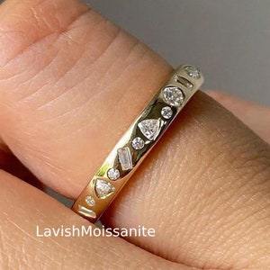 14K Yellow Gold Flush Set Band Full Eternity Band Stackable Band Randomly Scattered Diamond Wedding Band Multi Shape Diamond Band For Women