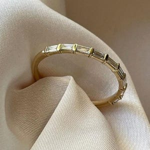 Vintage Baguette Cut Wedding Band For Women 14K Yellow Gold Band Half Eternity Band Baguette Bar Band East West Baguette Moissanite Band